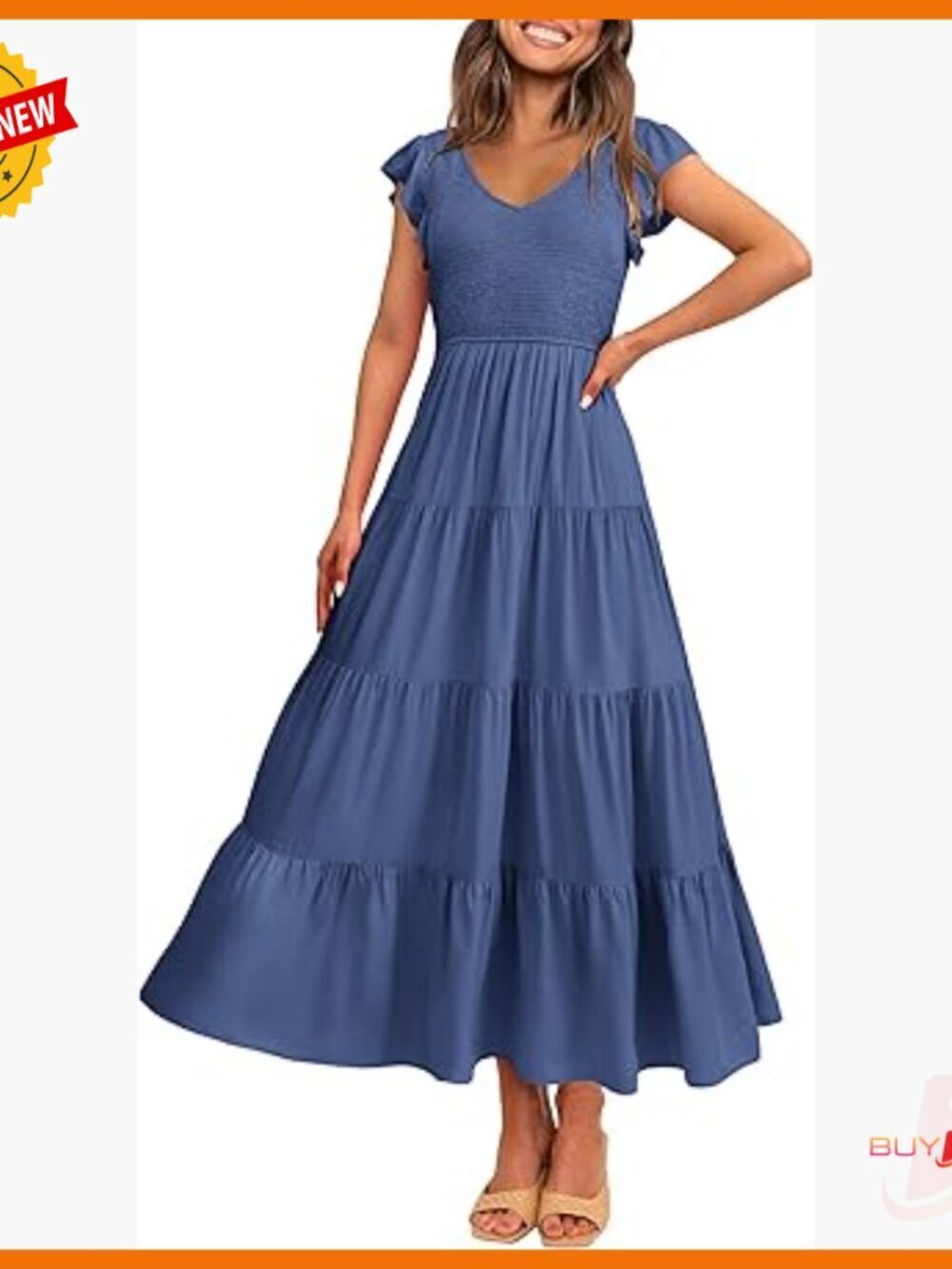 Summer Maxi Dress V Neck Cap Sleeve Smocked Flowy Beach Sundress